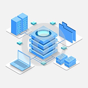 Computation of big data center, information processing, database. internet traffic routing, server room rack isometric vector