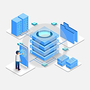 Computation of big data center, information processing, database. internet traffic routing, server room rack isometric vector