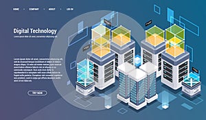 Computation of big data center, information processing, database. internet traffic routing, server room rack isometric vector