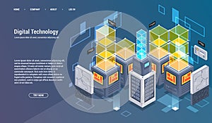 Computation of big data center, information processing, database. internet traffic routing, server room rack isometric vector