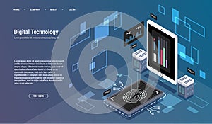 Computation of big data center, information processing, database. internet traffic routing, server room rack isometric vector