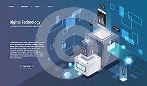 Computation of big data center, information processing, database. internet traffic routing, server room rack isometric vector
