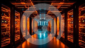 Computational energy a supercomputing rows of massive servers, Generative AI photo