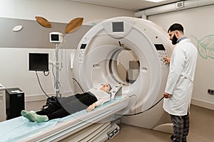 Computed tomography CT scan process for examination brains. CT scanning of the brains examination to assess head