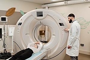 Computed tomography CT scan process for examination of spine. CT scanning of the spine examination for assess for