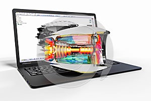 Computer aided design with 3D software. airplane engine development with the help of a computer software