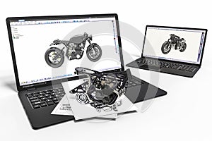 Computer aided design with 3D software.motorcycle development with the help of a computer software