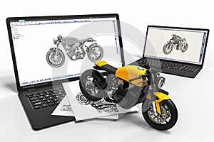 Computer aided design with 3D software. motorcycle development with the help of a computer software