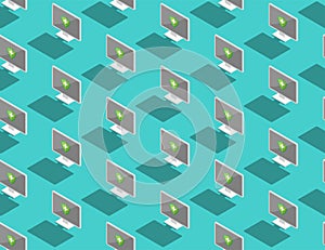 Computer all in one 3d isometric seamless pattern, Malware virus protection concept poster and social banner post horizontal