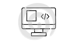 Desktop computer icon with HTML code on screen, black line vector illustration of programming
