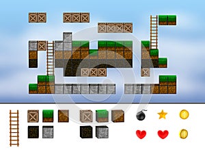 Computer arcade game level. Cubes, ladder, icons.