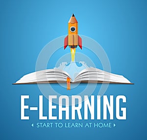 Computer as book knowledge base concept - laptop as elearning idea - stay at home and learn without going to school