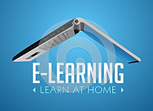 Computer as book knowledge base concept - laptop as elearning idea - stay at home and learn without going to school