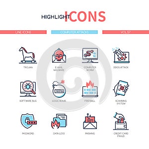 Computer attacks - line design style icons set