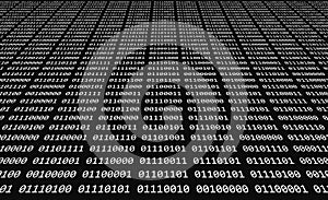Computer binary code with ones and zeros displayed on black and white digital screen with matrix style numbers background