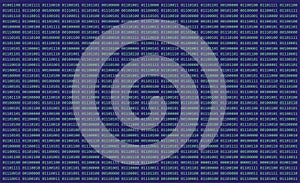 Computer binary code of ones and zeros displayed on digital screen with green and blue grid of numbers