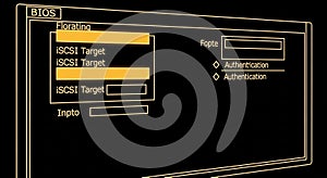 Computer BIOS configuration screen interface with iSCSI target authentication setup options in black and gold design