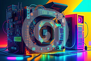 A computer board with colorful lights and a circuit board with the word computer on it