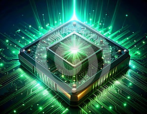 Advanced CPU-like computer board with intricate circuitry and components, surrounded by a halo of green digital lights,