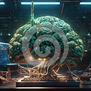 computer brain with brain in the background. computer science, science and technology concept. 3 d rendering, 3 d illustrationcomp