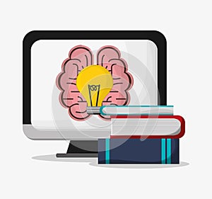 Computer brain bulb and books design