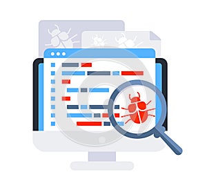 Computer bug detection. Bug error notification. System error warning. Testing software. Magnifier searching malware