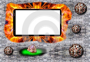 Computer bug and viruses attack on cell phone with blank white screen on cracked wooden desk background defended by firewall