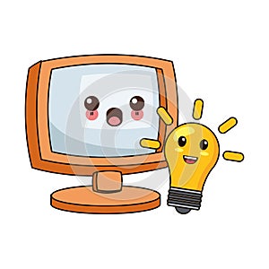 Computer and bulb light idea kawaii cartoon