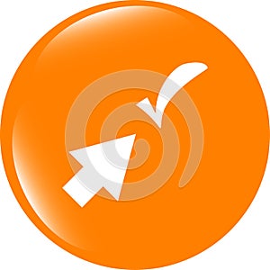 Computer button with arrow and check mark, web icon isolated on white