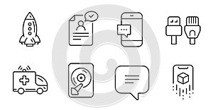 Computer cables, Augmented reality and Ambulance car icons set. Resume document, Rocket and Text message signs. Vector