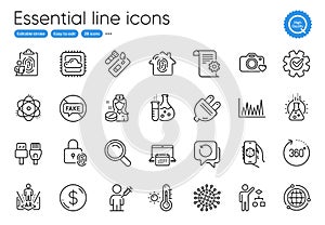 Computer cables, Fingerprint and Weather thermometer line icons. For website, printing and application. Vector