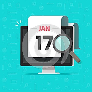 Computer with calendar date magnifier glass searching flat cartoon vector illustration, concept or digital pc organizer