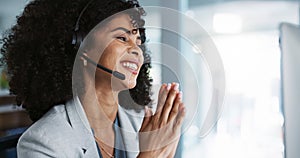 Computer, call center and funny woman talking in customer service, tech support and contact us at help desk