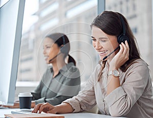 Computer, call center and telemarketing of business woman with web help conversation with coworking. Customer service