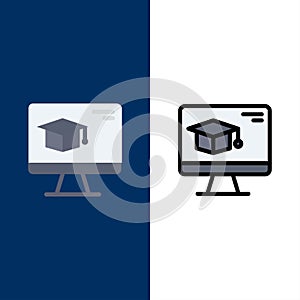 Computer, Cap, Education, Graduation  Icons. Flat and Line Filled Icon Set Vector Blue Background