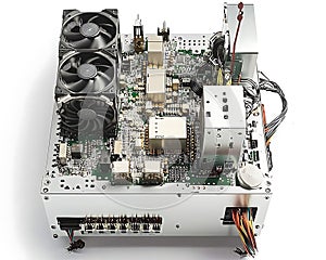 A computer case is open to show the inside of the computer