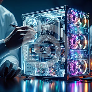A computer case that is technologically stunning, has beautiful glass panels, has skilled craftsmanship with AI generated photo