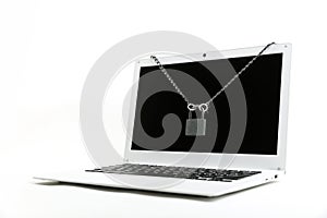 Computer with chain and padlock on a white background. internet security concept.