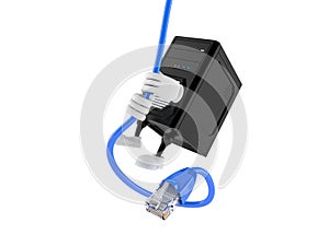 Computer character hanging on network cable