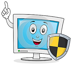 Computer Character with Shield Antivirus