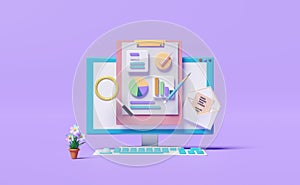 Computer with charts graph,analysis business financial data,magnifying glass,open envelope,flowerpot isolated on purple background