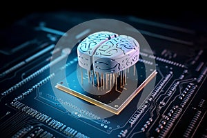 Computer chip in abstract shape of brain. Artificial intelligence neural networks brain concept. Generative AI