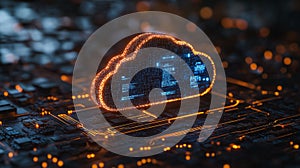 A computer chip with a cloud on it. The cloud is orange and blue. The image has a futuristic feel to it