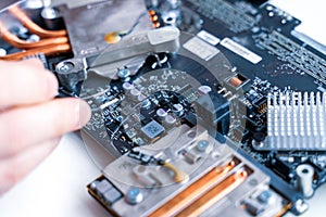 Computer chip electronic repair. Hardware engineer technology maintenance. Man technician pc service.