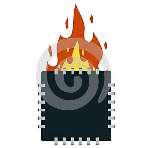 Computer chip. Fire and broken Digital chip. Flat cartoon illustration