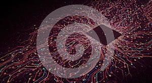 A computer chip glows with colorful circuits, symbolizing advanced technology