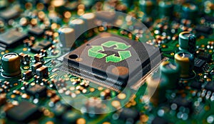 A computer chip with a green recycle symbol on it