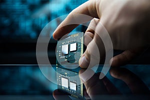Computer chip in hands. A chipset is a set of electronic component that is integrated and flows data between the processor.