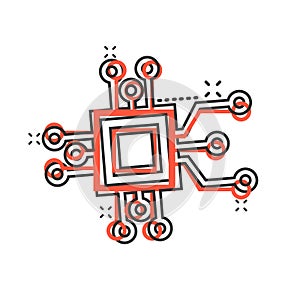 Computer chip icon in comic style. Circuit board cartoon vector illustration on white isolated background. Cpu processor splash