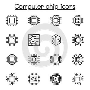 Computer chip icon set in line style
